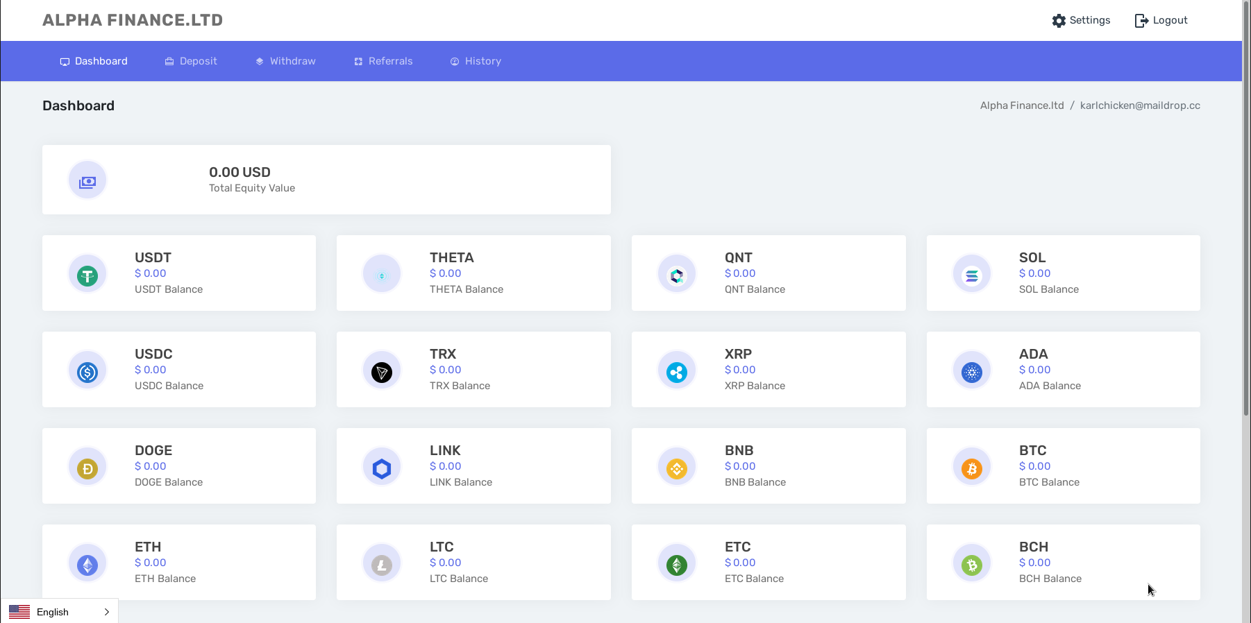 An 'investors' webpage showing balances in various cryptocurrencies.